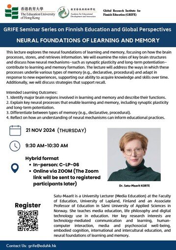 Thumbnail of GRIFE Seminar Series I on Finnish Education and Global Perspectives: Neural Foundations of Learning and Memory 