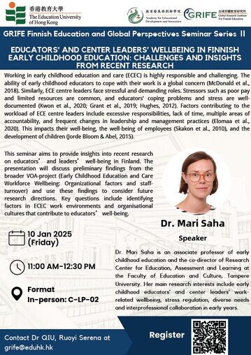 Thumbnail of GRIFE Finnish Education and Global Perspectives Seminar Series II: Educators’ and Center Leaders’ Wellbeing in Finnish Early Childhood Education: Challenges and Insights from Recent Research 