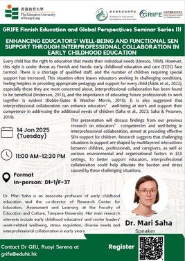 Thumbnail of GRIFE Finnish Education and Global Perspectives Seminar Series III: Enhancing Educators’ Well-being and Functional SEN support through Interprofessional Collaboration in Early Childhood Education