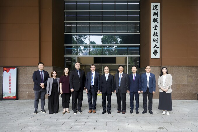 Group photo of the EdUHK delegation in front of the School of Artificial Intelligence building at Shenzhen Polytechnic University